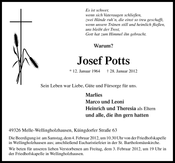 Traueranzeige von Josef Potts von Neue Osnabrücker Zeitung