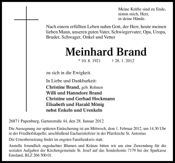 Traueranzeige von Meinhard Brand von Neue Osnabrücker Zeitung