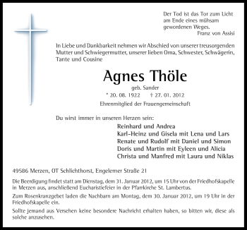 Traueranzeige von Agnes Thöle von Neue Osnabrücker Zeitung