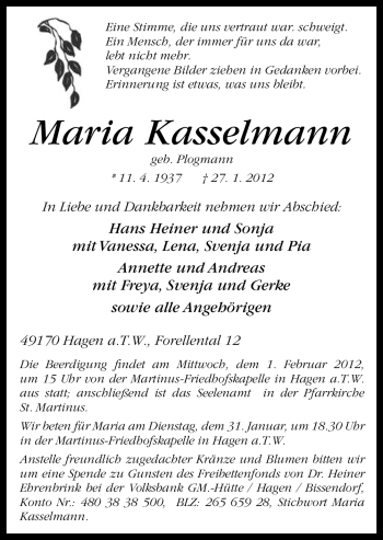 Traueranzeige von Maria Kasselmann von Neue Osnabrücker Zeitung