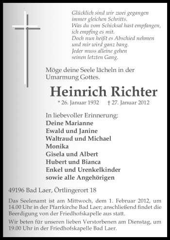 Traueranzeige von Heinrich Richter von Neue Osnabrücker Zeitung