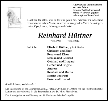 Traueranzeige von Reinhard Hüttner von Neue Osnabrücker Zeitung