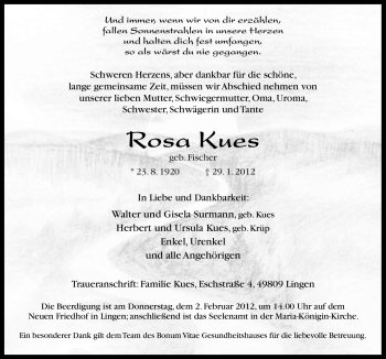 Traueranzeige von Rosa Kues von Neue Osnabrücker Zeitung