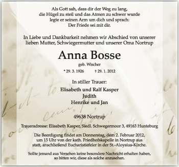 Traueranzeige von Anna Bosse von Neue Osnabrücker Zeitung