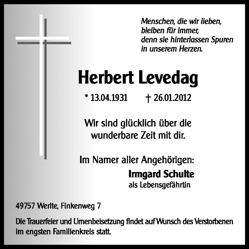  Traueranzeige für Herbert Levedag vom 31.01.2012 aus Neue Osnabrücker Zeitung