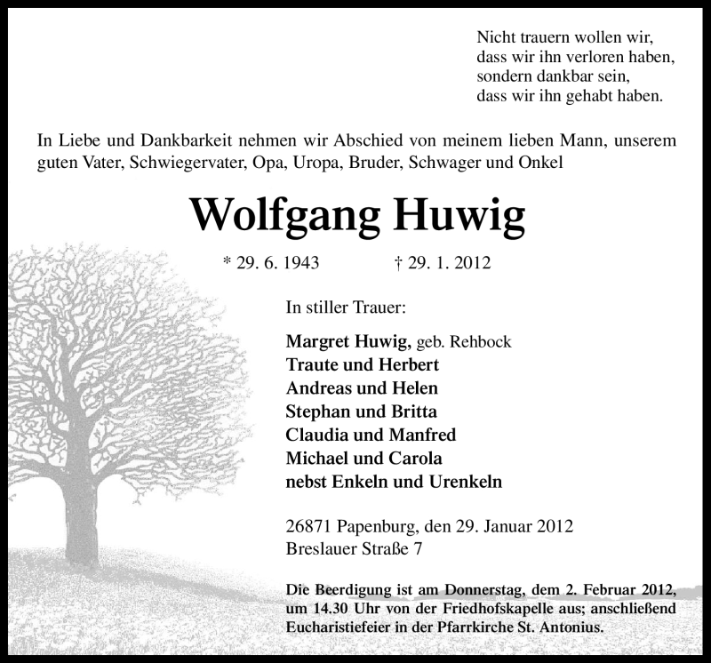  Traueranzeige für Wolfgang Huwig vom 31.01.2012 aus Neue Osnabrücker Zeitung