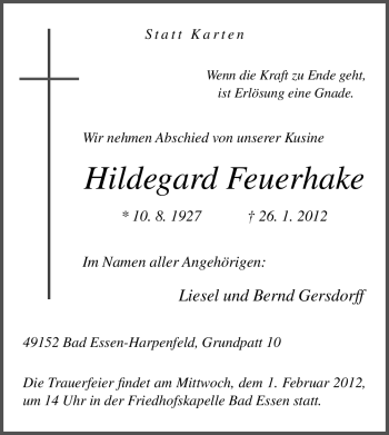 Traueranzeige von Hildegard Feuerhake von Neue Osnabrücker Zeitung