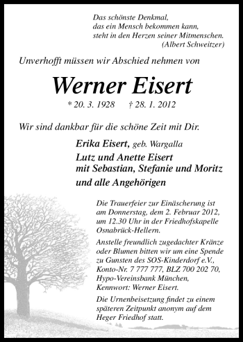 Traueranzeige von Werner Eisert von Neue Osnabrücker Zeitung