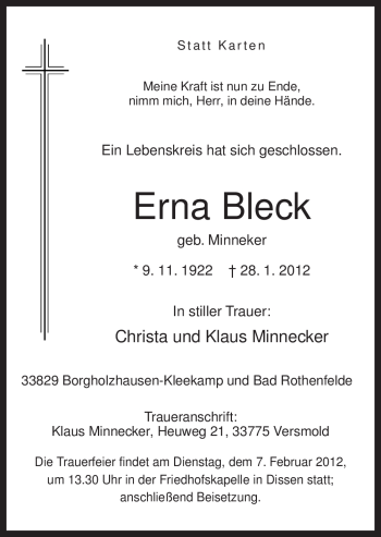 Traueranzeige von Erna Bleck von Neue Osnabrücker Zeitung