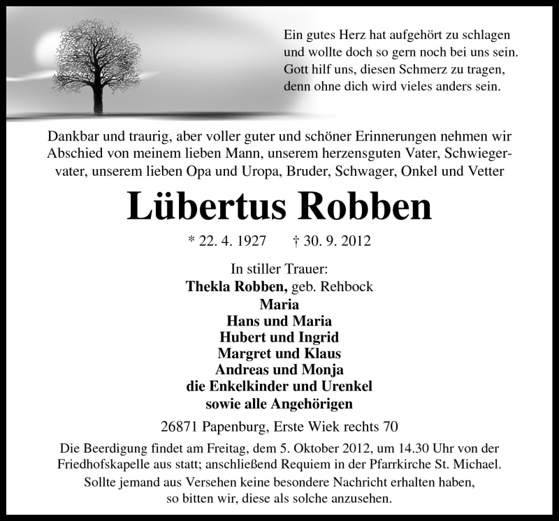  Traueranzeige für Lübertus Robben vom 02.10.2012 aus Neue Osnabrücker Zeitung GmbH & Co. KG