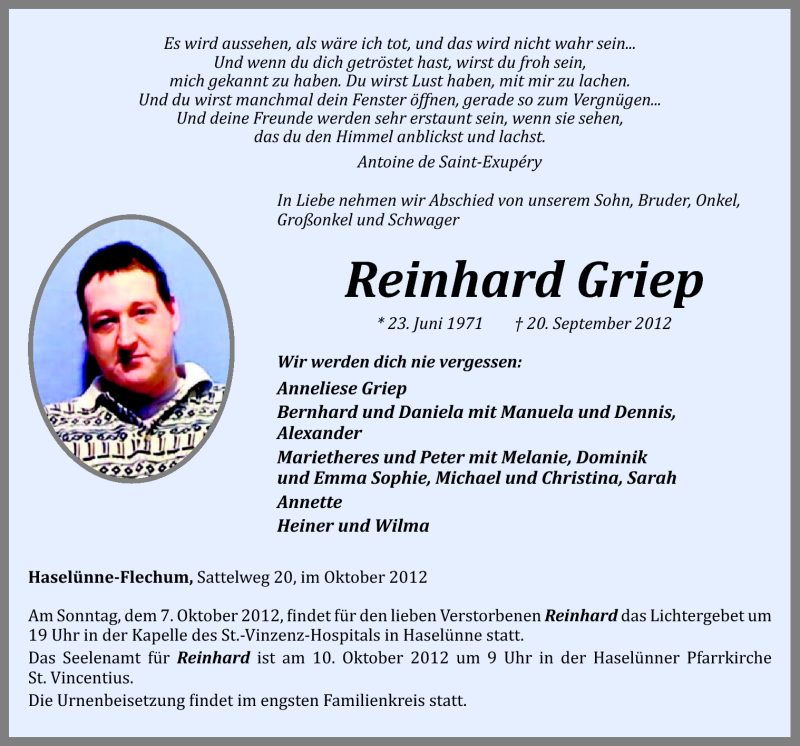  Traueranzeige für Reinhard Griep vom 04.10.2012 aus Neue Osnabrücker Zeitung GmbH & Co. KG