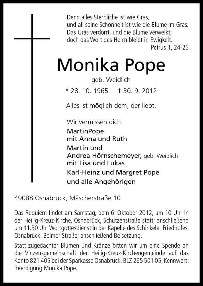  Traueranzeige für Monika Pope vom 02.10.2012 aus Neue Osnabrücker Zeitung GmbH & Co. KG