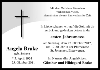 Traueranzeige von Angela Brake von Neue Osnabrücker Zeitung GmbH & Co. KG