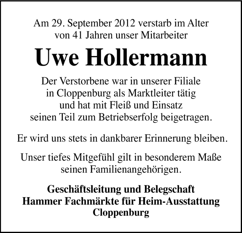  Traueranzeige für Uwe Hollermann vom 04.10.2012 aus Neue Osnabrücker Zeitung GmbH & Co. KG