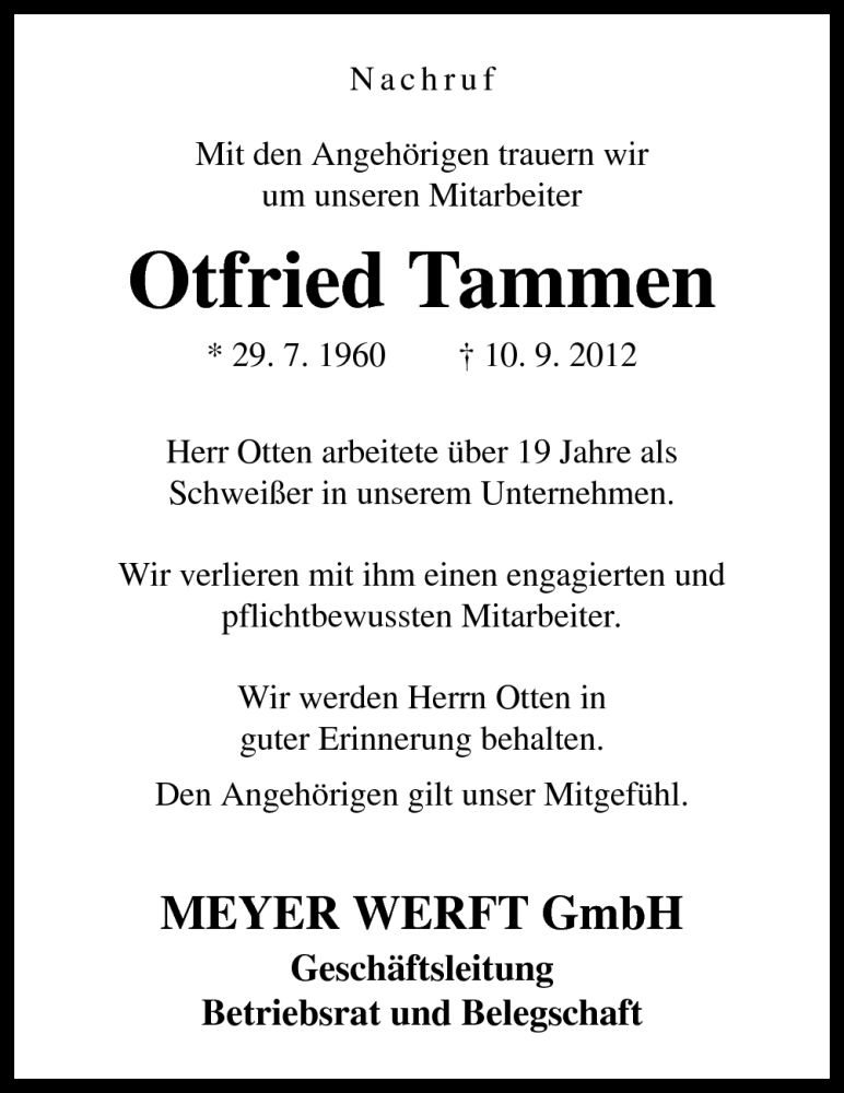  Traueranzeige für Otfried Tammen vom 04.10.2012 aus Neue Osnabrücker Zeitung GmbH & Co. KG