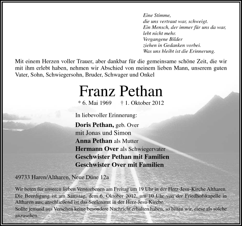  Traueranzeige für Franz Pethan vom 04.10.2012 aus Neue Osnabrücker Zeitung GmbH & Co. KG