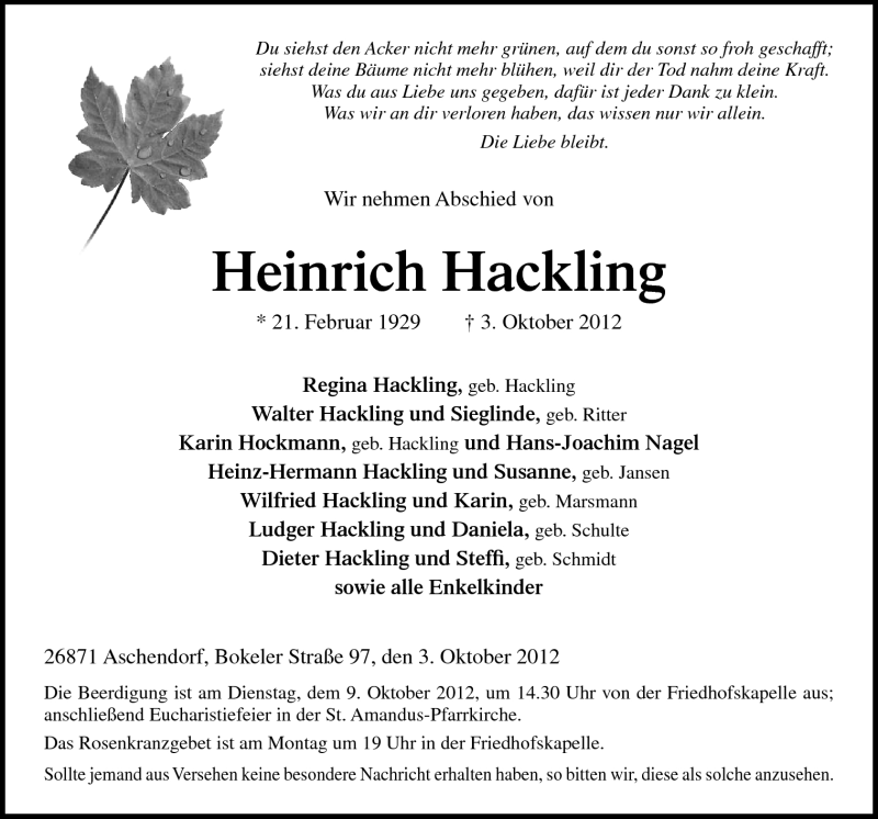  Traueranzeige für Heinrich Hackling vom 05.10.2012 aus Neue Osnabrücker Zeitung GmbH & Co. KG