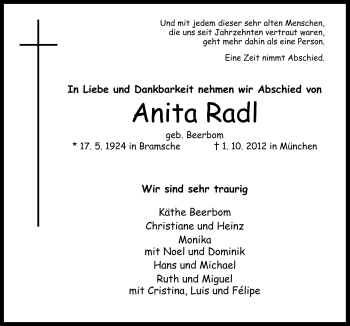 Traueranzeige von Anita Radl von Neue Osnabrücker Zeitung GmbH & Co. KG