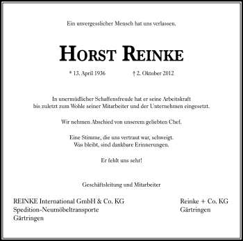 Traueranzeige von Horst Reinke von Neue Osnabrücker Zeitung GmbH & Co. KG