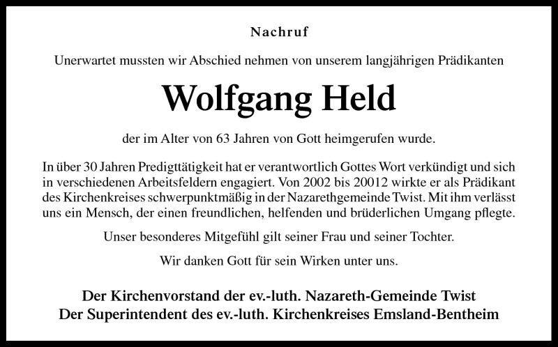 Traueranzeigen Von Wolfgang Held 