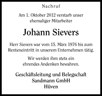 Traueranzeige von Johann Sievers von Neue Osnabrücker Zeitung GmbH & Co. KG