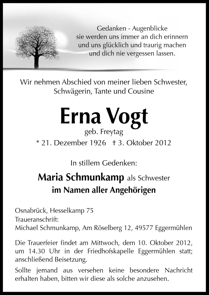  Traueranzeige für Erna Vogt vom 06.10.2012 aus Neue Osnabrücker Zeitung GmbH & Co. KG