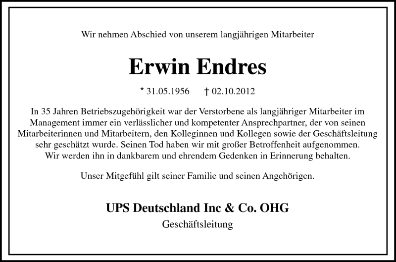  Traueranzeige für Erwin Endres vom 06.10.2012 aus Neue Osnabrücker Zeitung GmbH & Co. KG