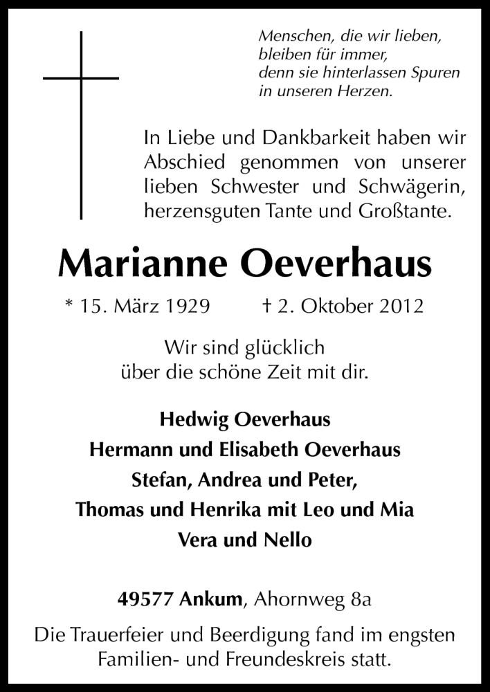  Traueranzeige für Marianne Oeverhaus vom 08.10.2012 aus Neue Osnabrücker Zeitung GmbH & Co. KG