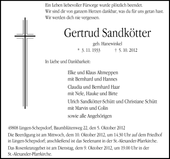 Traueranzeige von Gertrud Sandkötter von Neue Osnabrücker Zeitung GmbH & Co. KG