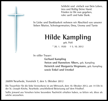 Traueranzeige von Hilde Kampling von Neue Osnabrücker Zeitung GmbH & Co. KG