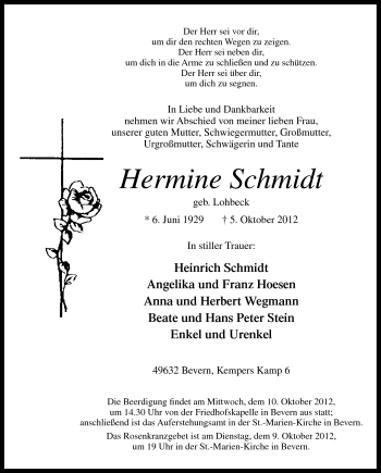 Traueranzeige von Hermine Schmidt von Neue Osnabrücker Zeitung GmbH & Co. KG