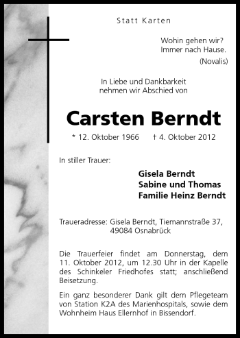 Traueranzeige von Carsten Berndt von Neue Osnabrücker Zeitung GmbH & Co. KG