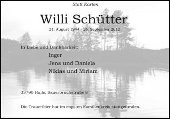 Traueranzeige von Willi Schütter von Neue Osnabrücker Zeitung GmbH & Co. KG