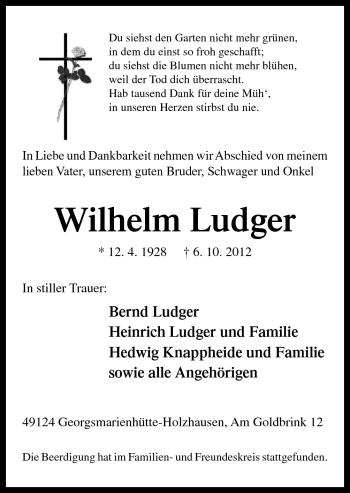 Traueranzeige von Wilhelm Ludger von Neue Osnabrücker Zeitung GmbH & Co. KG