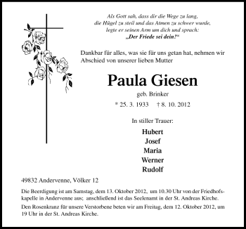 Traueranzeige von Paula Giesen von Neue Osnabrücker Zeitung GmbH & Co. KG