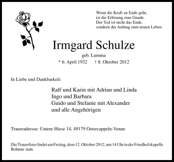 Traueranzeige von Irmgard Schulze von Neue Osnabrücker Zeitung GmbH & Co. KG