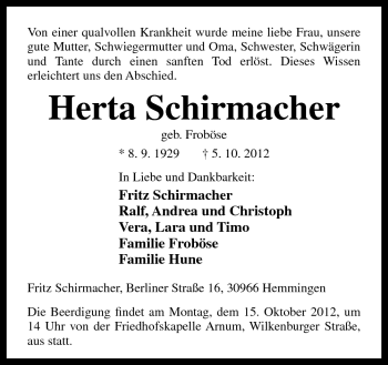 Traueranzeige von Herta Schirmacher von Neue Osnabrücker Zeitung GmbH & Co. KG