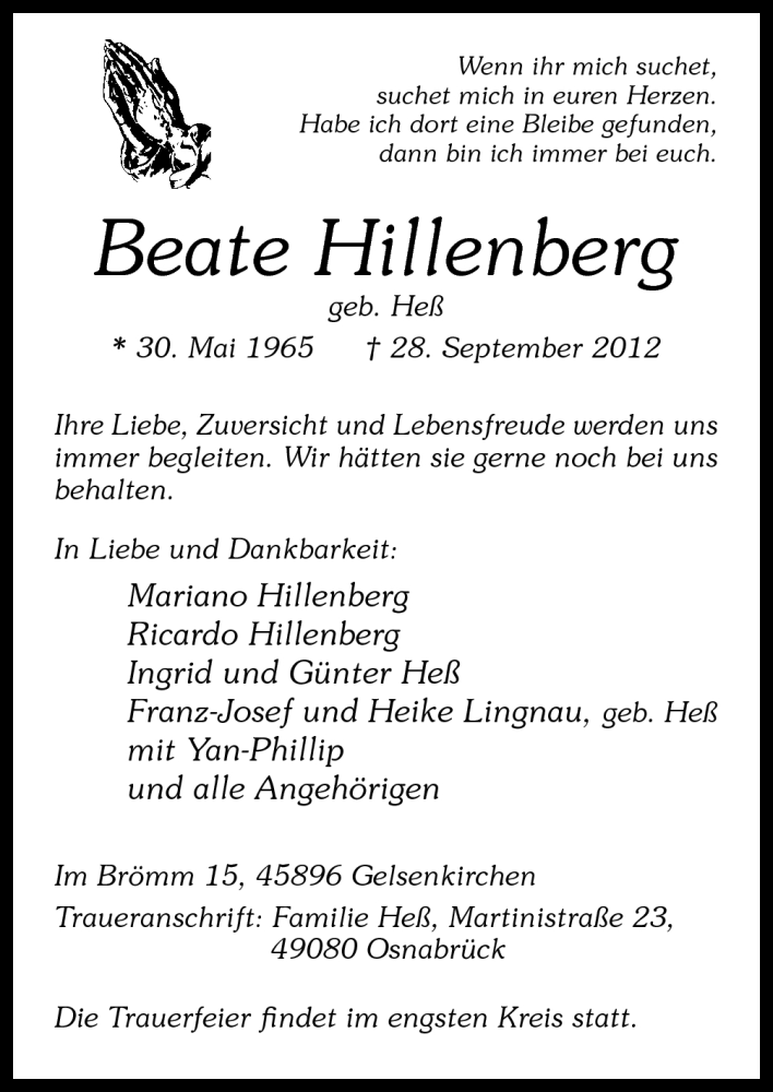  Traueranzeige für Beate Hillenberg vom 13.10.2012 aus Neue Osnabrücker Zeitung GmbH & Co. KG