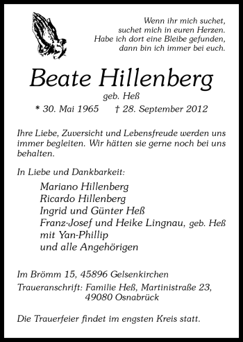 Traueranzeige von Beate Hillenberg von Neue Osnabrücker Zeitung GmbH & Co. KG