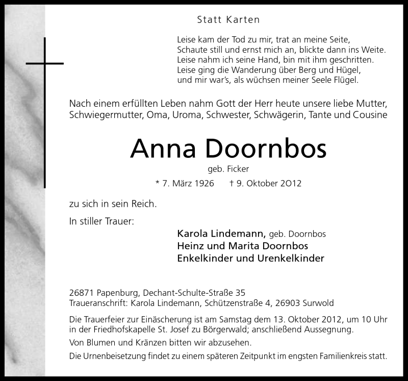  Traueranzeige für Anna Doornbos vom 11.10.2012 aus Neue Osnabrücker Zeitung GmbH & Co. KG