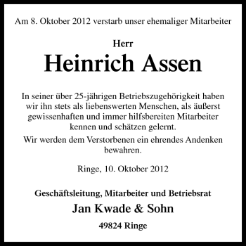 Traueranzeige von Heinrich Assen von Neue Osnabrücker Zeitung GmbH & Co. KG
