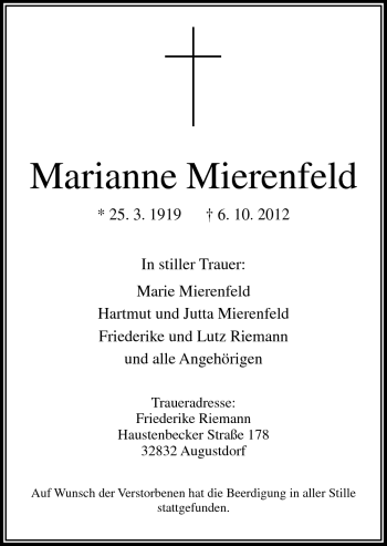 Traueranzeige von Marianne Mierenfeld von Neue Osnabrücker Zeitung GmbH & Co. KG