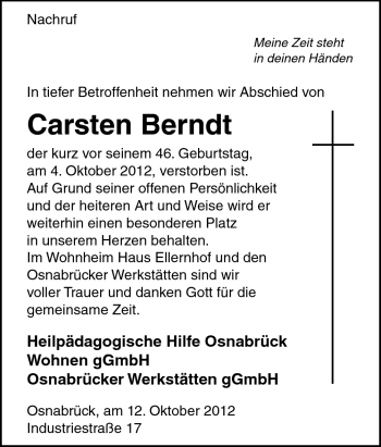 Traueranzeige von Carsten Berndt von Neue Osnabrücker Zeitung GmbH & Co. KG