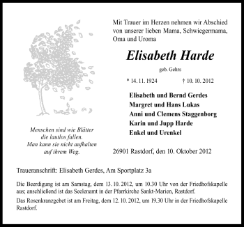 Traueranzeige von Elisabeth Harde von Neue Osnabrücker Zeitung GmbH & Co. KG