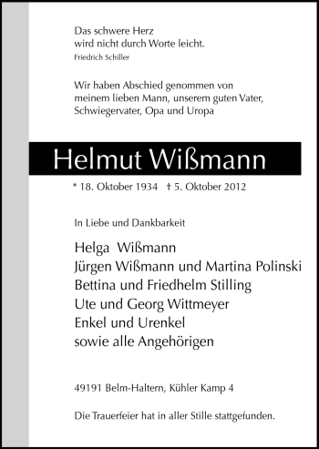 Traueranzeige von Helmut Wißmann von Neue Osnabrücker Zeitung GmbH & Co. KG