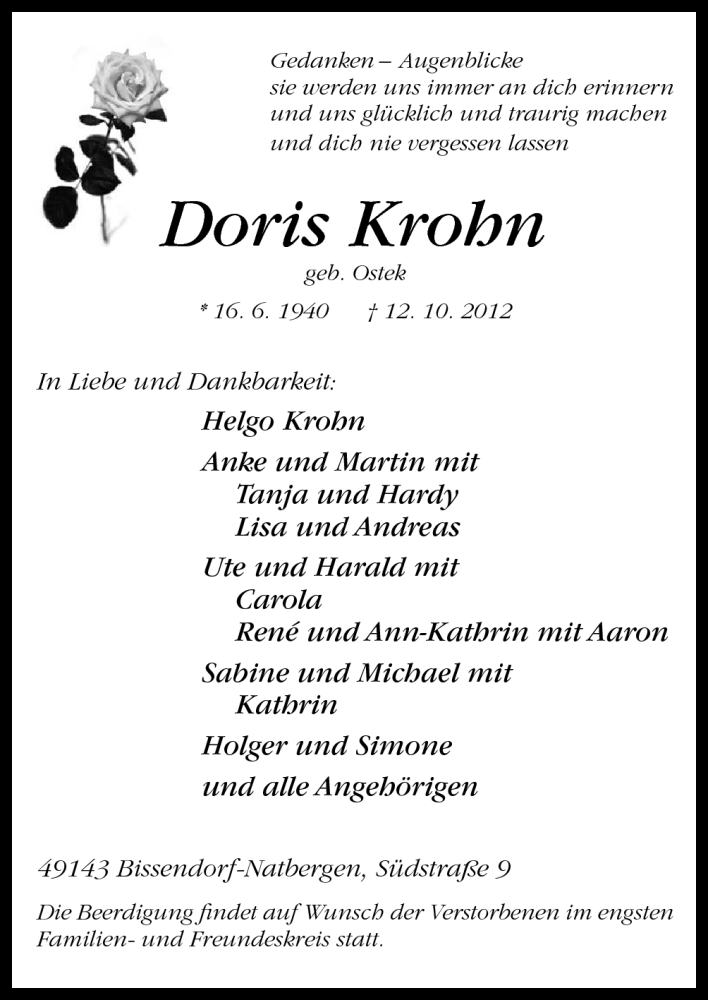  Traueranzeige für Doris Krohn vom 13.10.2012 aus Neue Osnabrücker Zeitung GmbH & Co. KG