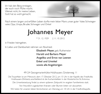 Traueranzeige von Johannes Meyer von Neue Osnabrücker Zeitung GmbH & Co. KG