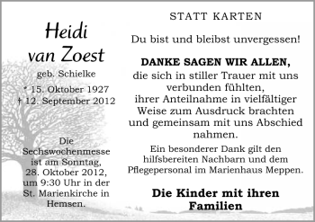 Traueranzeige von Heidi van Zoest von Neue Osnabrücker Zeitung GmbH & Co. KG