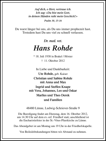 Traueranzeige von Hans Rohde von Neue Osnabrücker Zeitung GmbH & Co. KG