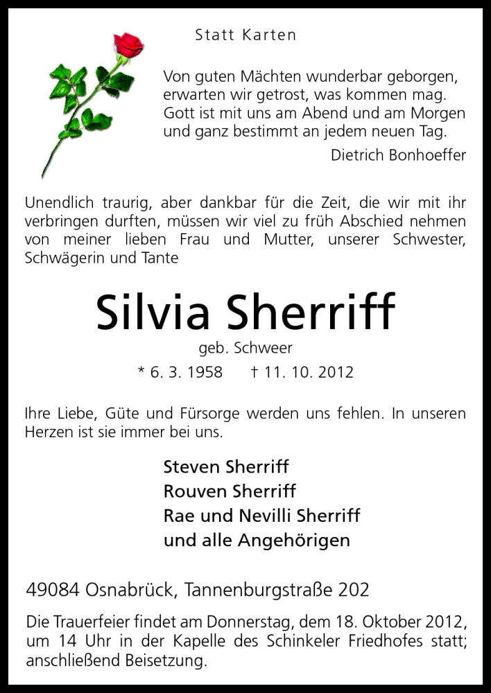 Traueranzeige für Silvia Sherriff vom 15.10.2012 aus Neue Osnabrücker Zeitung GmbH & Co. KG